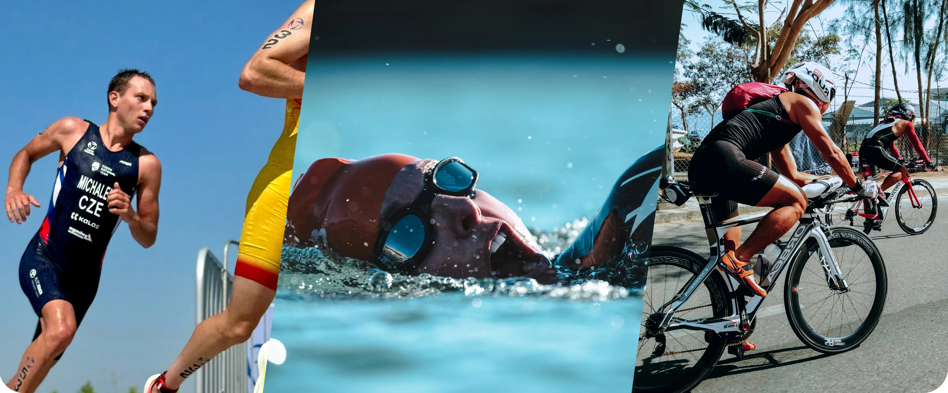 Triathletes running, swimming open water and riding time-trial bikes